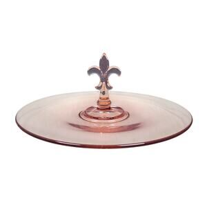 Vintage Pink Glass Platter Fleur de lis Center Handle Collectible Sandwich Tray
